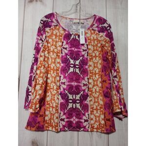 Chico's‎ Shirt Chicos Size 1 Ladies Small Pink and Orange Floral 3/4 Sleeve